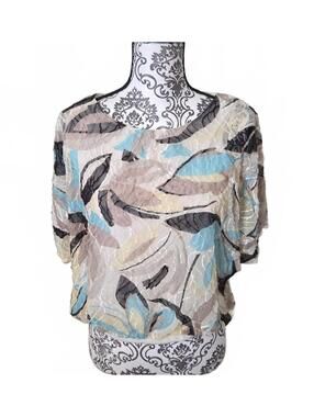 Lightweight Sheer Floral Pattern Blouse with Blue, Beige, and Black Accents